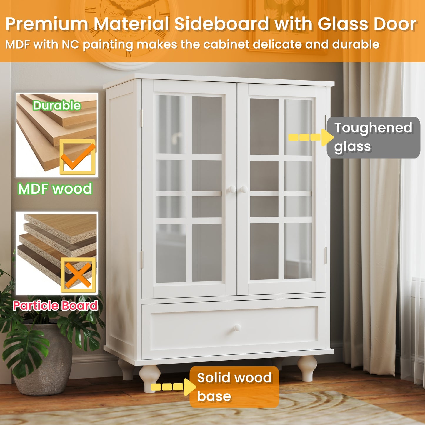 Minimalist White Buffet Cabinet with Double Glass Doors and Drawer, Modern Wooden Storage Sideboard Cupboard for Living room, Dining Room Hallway Entryway