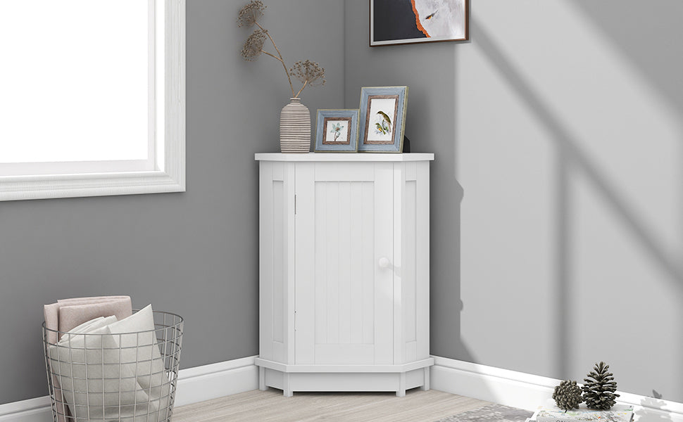 White Bathroom Cabinet Triangle Corner Storage Cabinet with Adjustable Shelf Modern Style MDF Board (Old SKU:WF291477AAK)