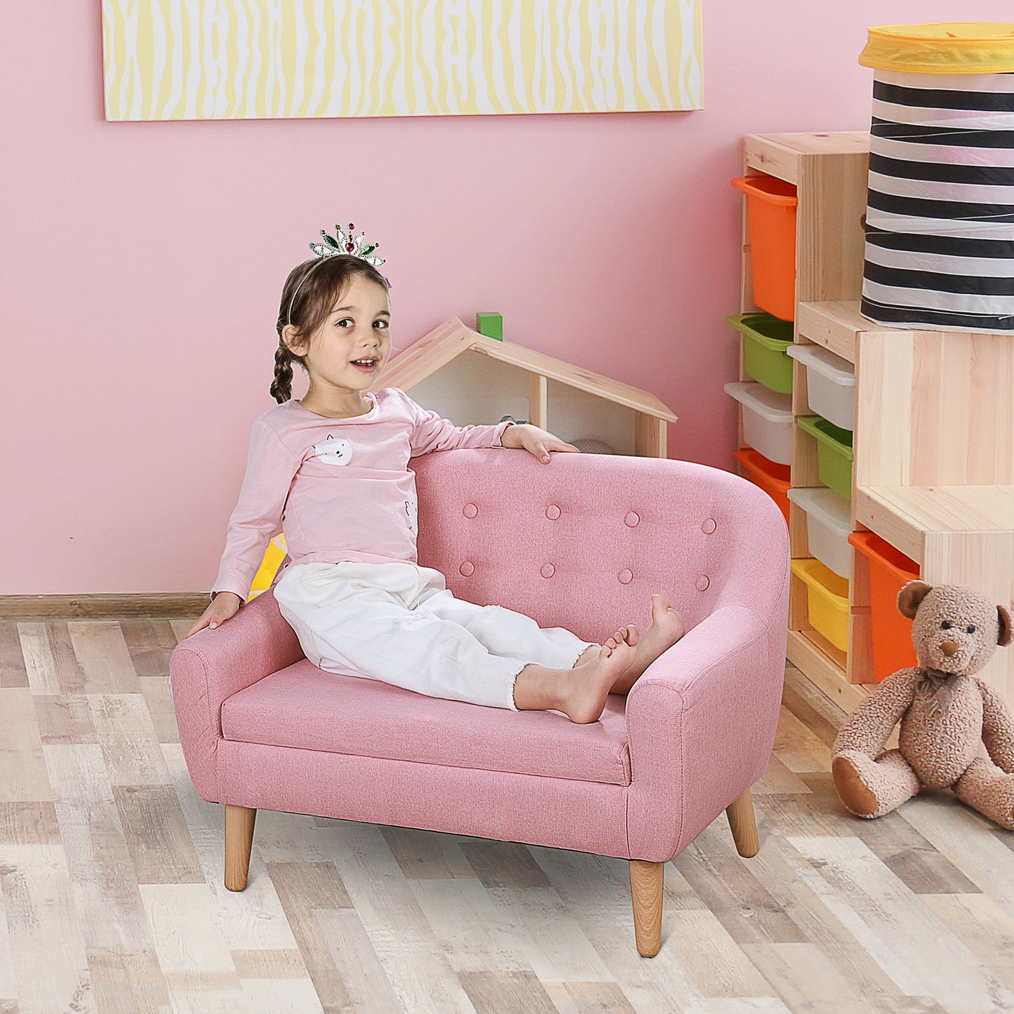 2-Seat Kids Sofa Linen Fabric and Wooden Frame Sofa for Kids and Toddlers Ages 3-7, 11" High Seat, Pink