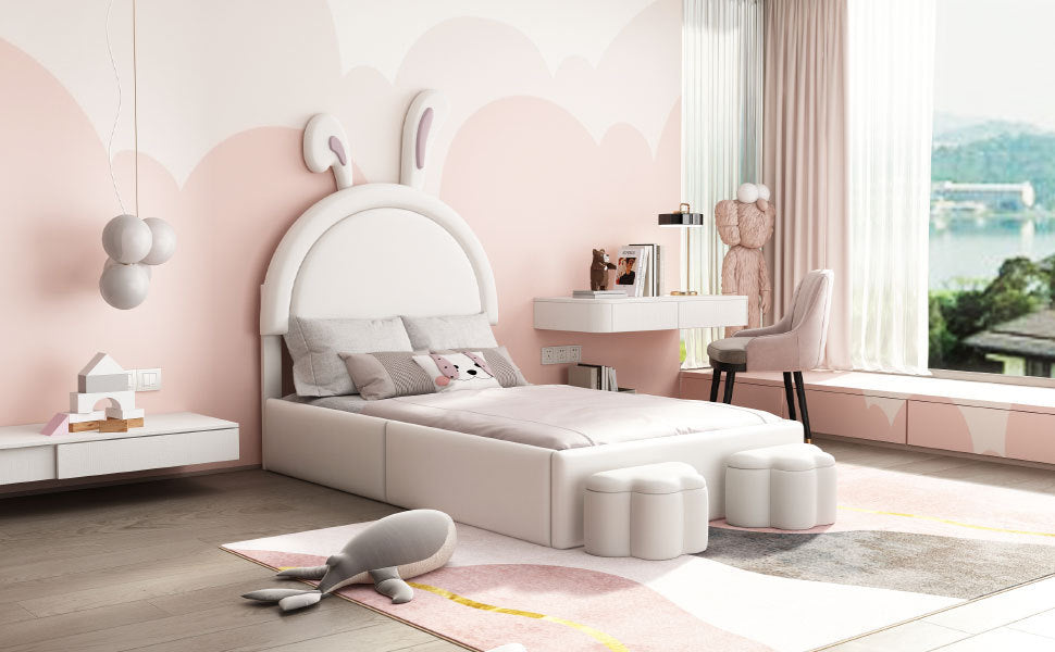 Twin size Upholstered Rabbit-Shape Bed with 2 Storage Stools, Velvet Platform Bed with Cartoon Ears Shaped Headboard, White