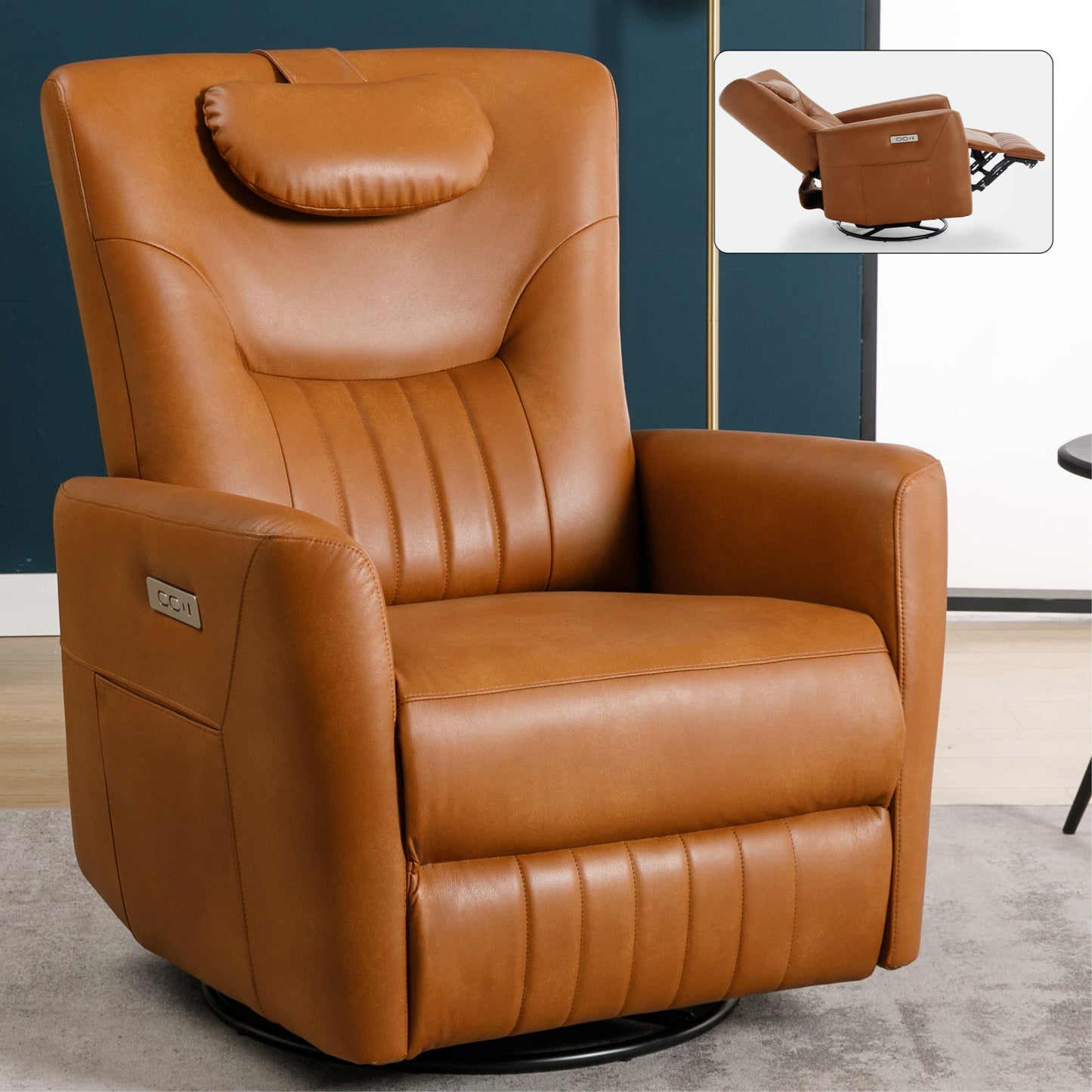 Yellow Brown Leatheraire Swivel and Rocker Power Recliner Chair with Lumbar and Neck Support Pillow, Heavy Duty Motion Mechanism with USB and Type-C