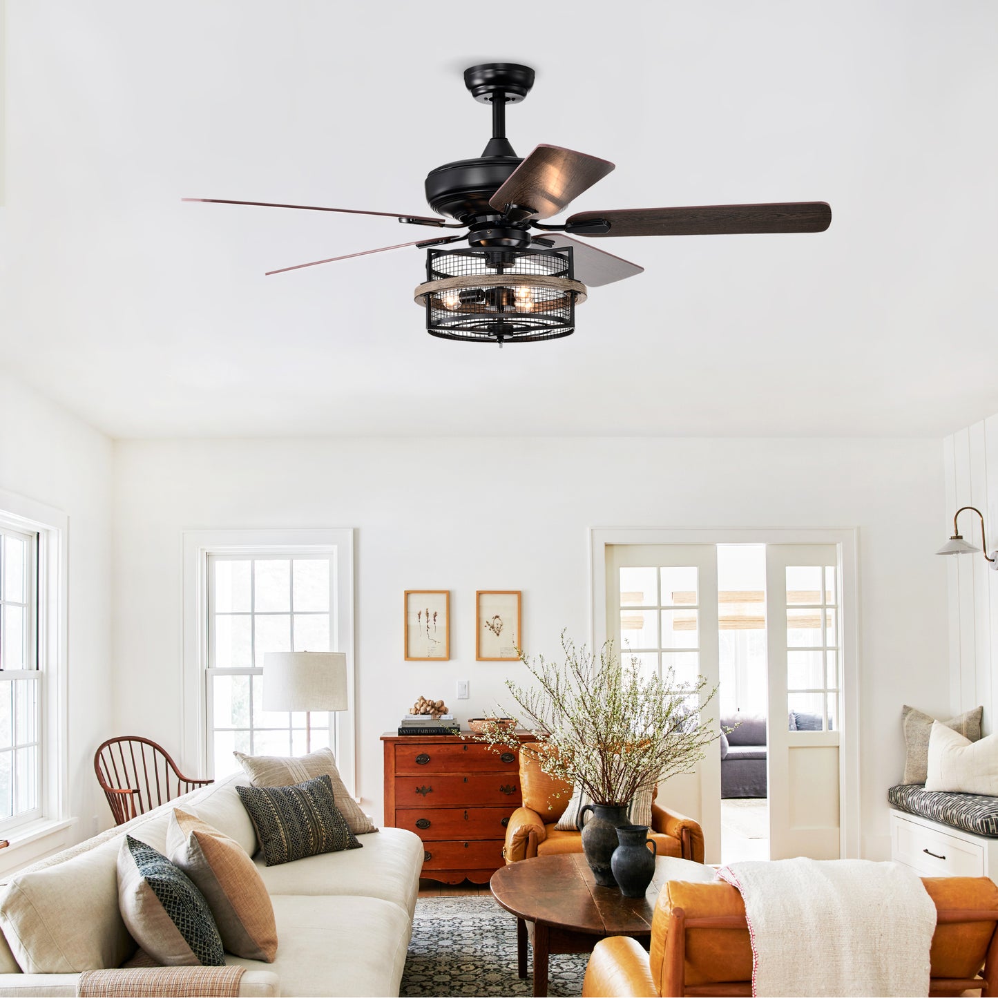 52 Inch Farmhouse Ceiling Fan with  Remote,3-Lights Ceiling Fan with  Light Fixture (No include Bulbs), Ceiling Fan for Patio,Living room,Bedroom --Black Matte+Wood Grain