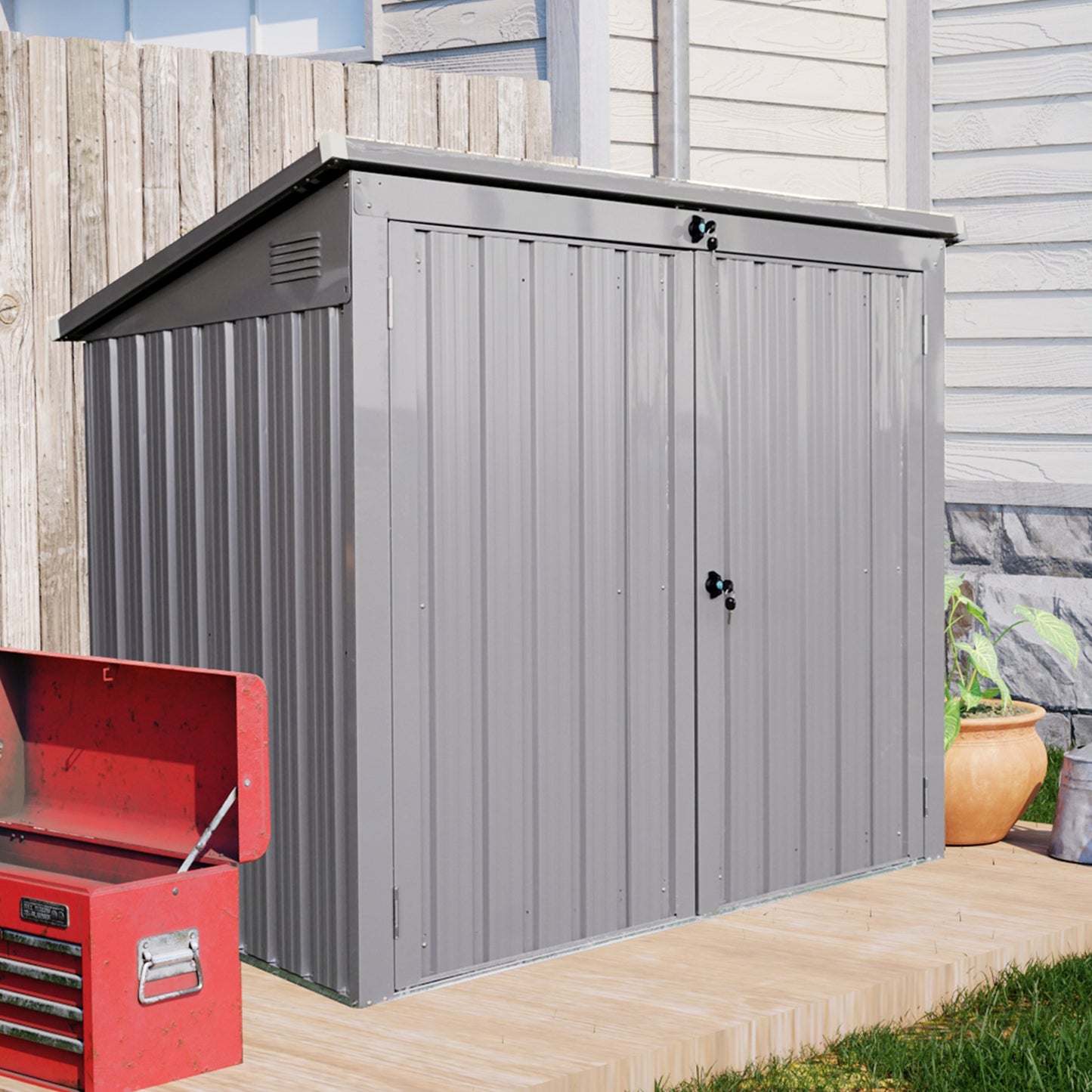 Garbage Bin Shed Stores 2 Trash Cans Metal Outdoor Bin Shed for Garbage Storage,Stainless Galvanized Steel, Bin Shed for Garden Yard Lawn Gray