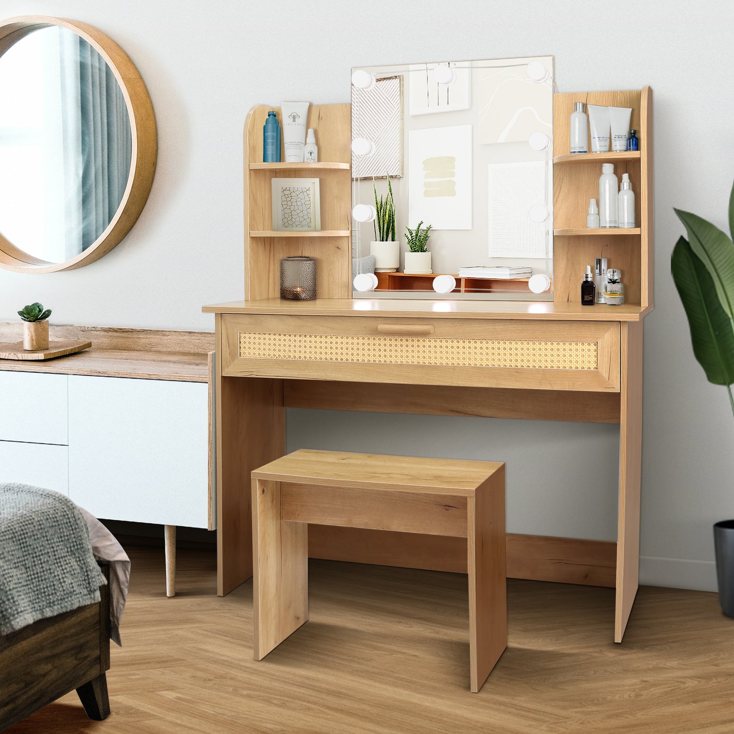 Vanity Desk Set Stool & Dressing Table with LED Lighting Mirror Drawer and Compartments Modern Wood Cosmetic Table Chest of Drawers Nature Color