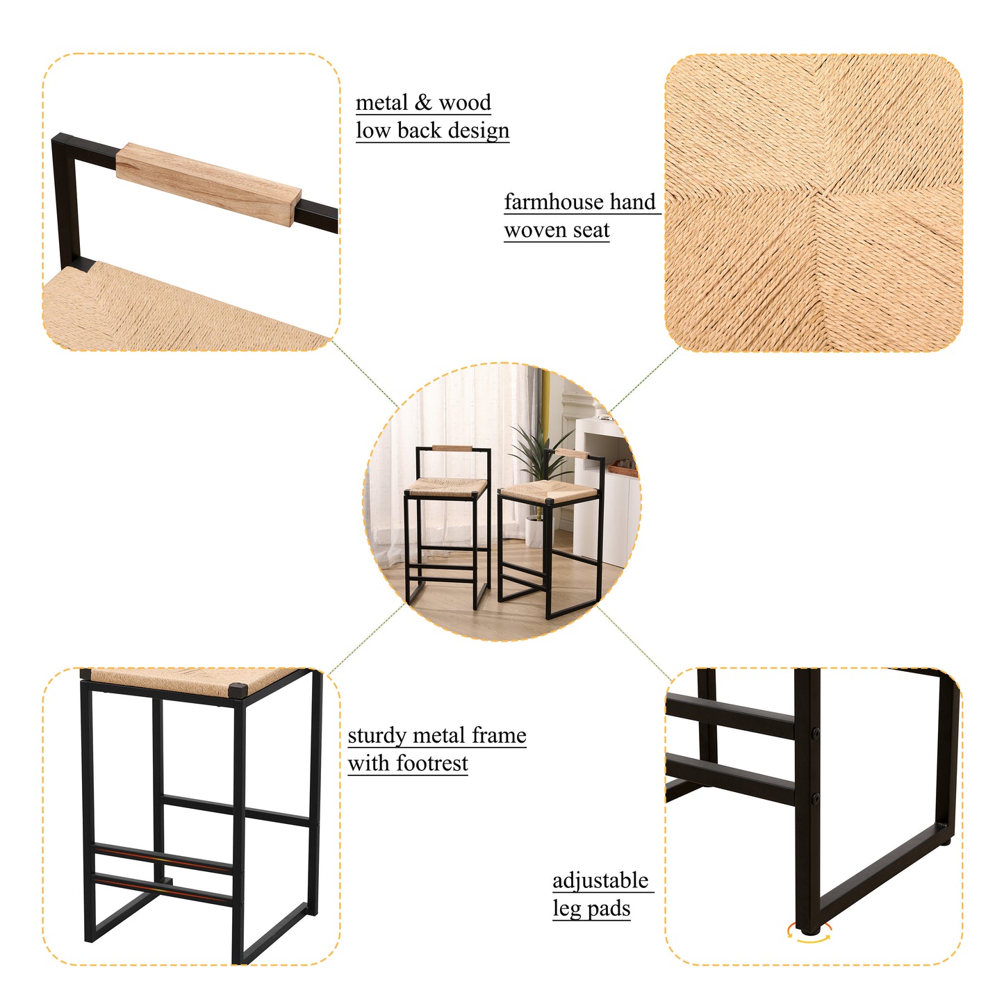 Set of 2 Bar Stools with Back  Paper Rope Woven Counter Height Dining Chairs for Kitchen, Home (Paper Rope with Back)