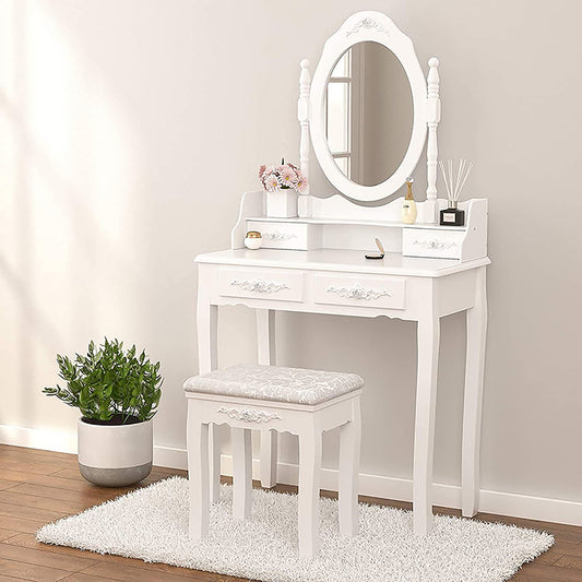 Vanity Table Set with 4 Drawer, Makeup Dressing Table w/Cushioned Stool, Girls Women Bedroom Furniture Set Oval Mirror