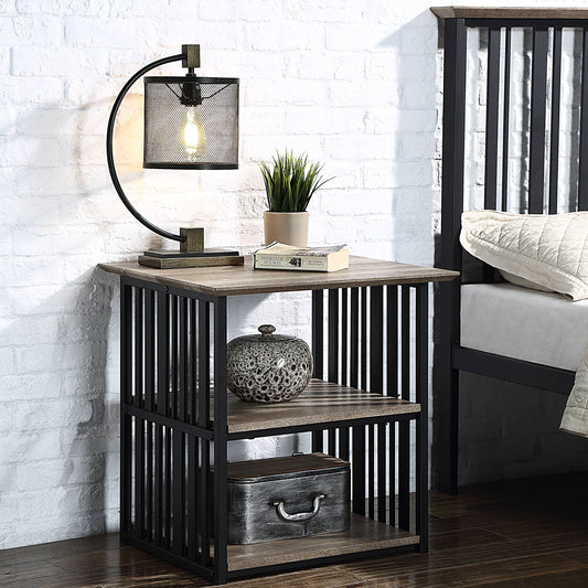 Antique Oak and Black 3-Shelf Nightstand