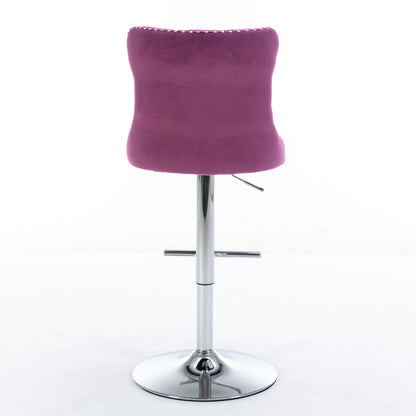 Swivel Velvet Barstools Adjusatble Seat Height from 25-33 Inch, Chrome base Bar Stools with Backs Comfortable Tufted for Home Pub and Kitchen Island, Purple,Set of 2,1712PP