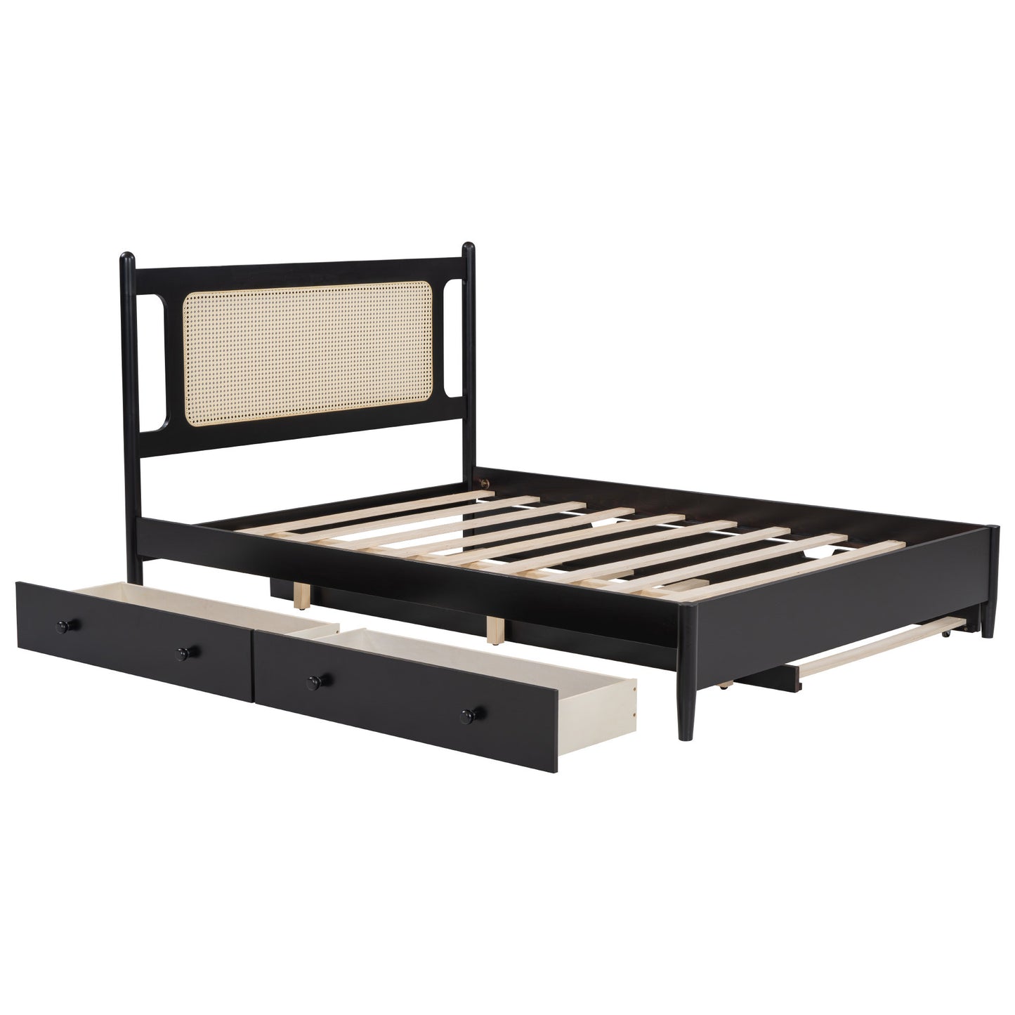 Queen Size Wooden Rattan Platform Bed, with 2 Big Drawers, T Size Trundle, Espresso