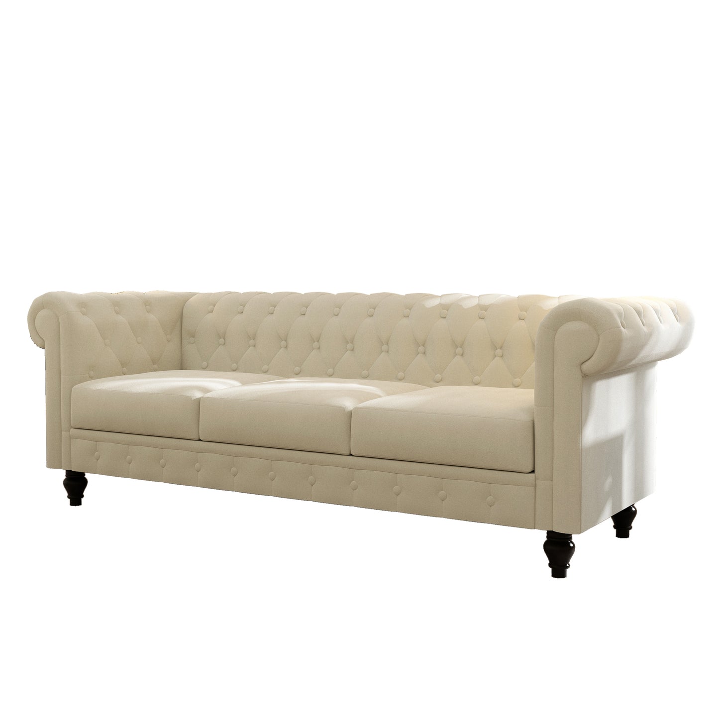 Elegant Beige Chesterfield Sofa - 3-Seater Plush Fabric with Tufted Buttons and Wooden Legs - Classic Design, Comfortable and Durable for Living Room Furniture