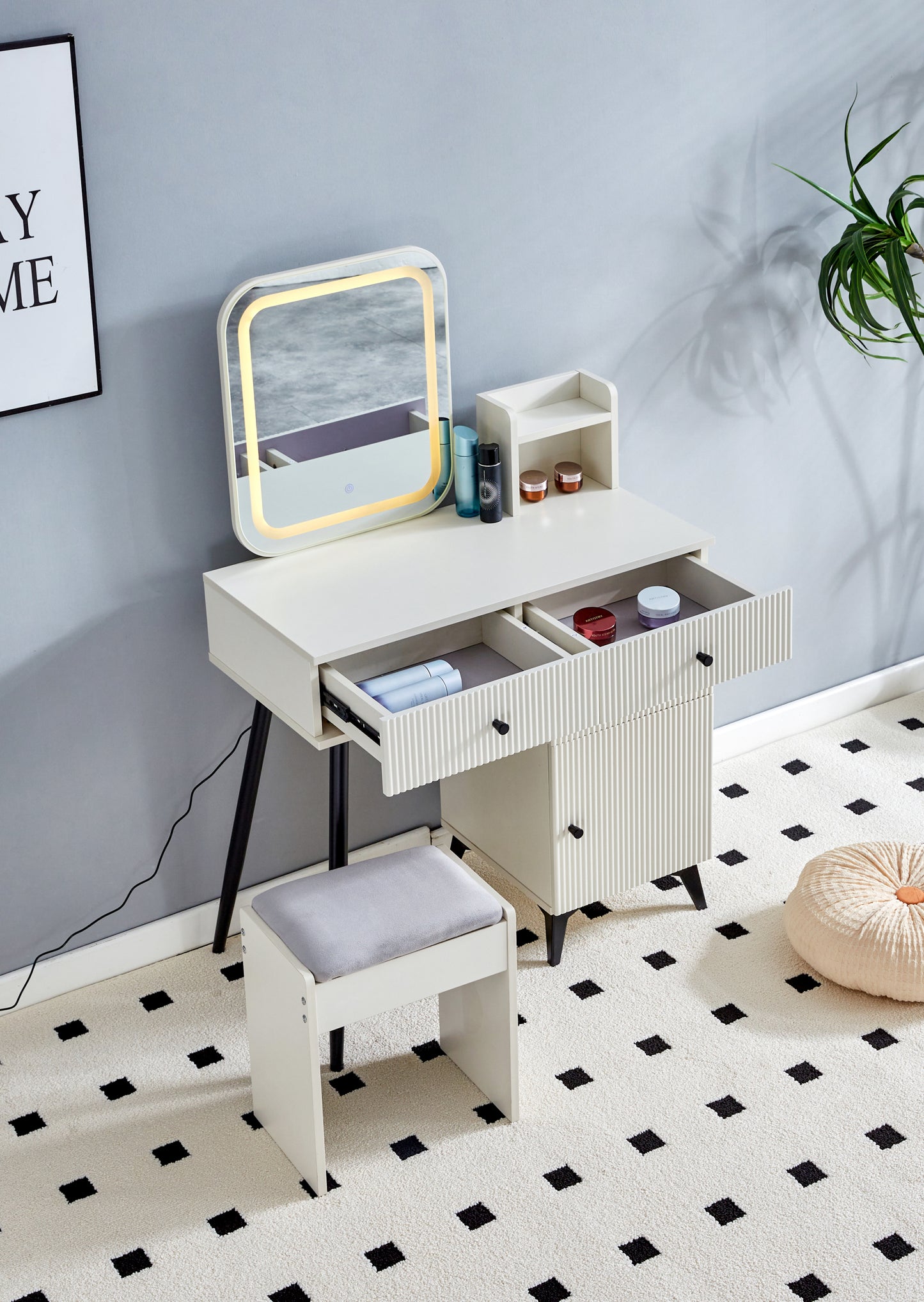 Fluted Makeup Vanity Desk with SQUARE LED  Mirror and Lights, Modern Glass Top Big Vanity Table with 4 Drawers & Adjustable Shelves, Dressing Table Set  with stools table with movable side table