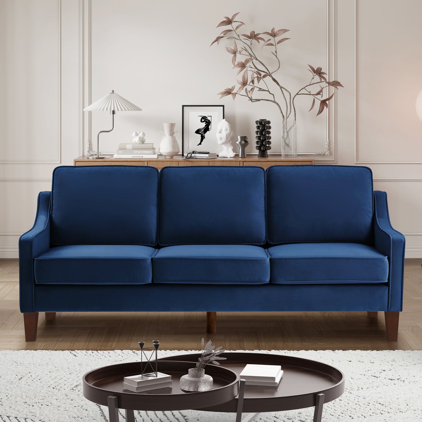 Modern 3 Person seat  Sofa Couch with Scooped Armrest/Wood legs,Upholstered Velvet 3-seat Sofa with Removable Cushions for Livingrooom Bedroom,Navy