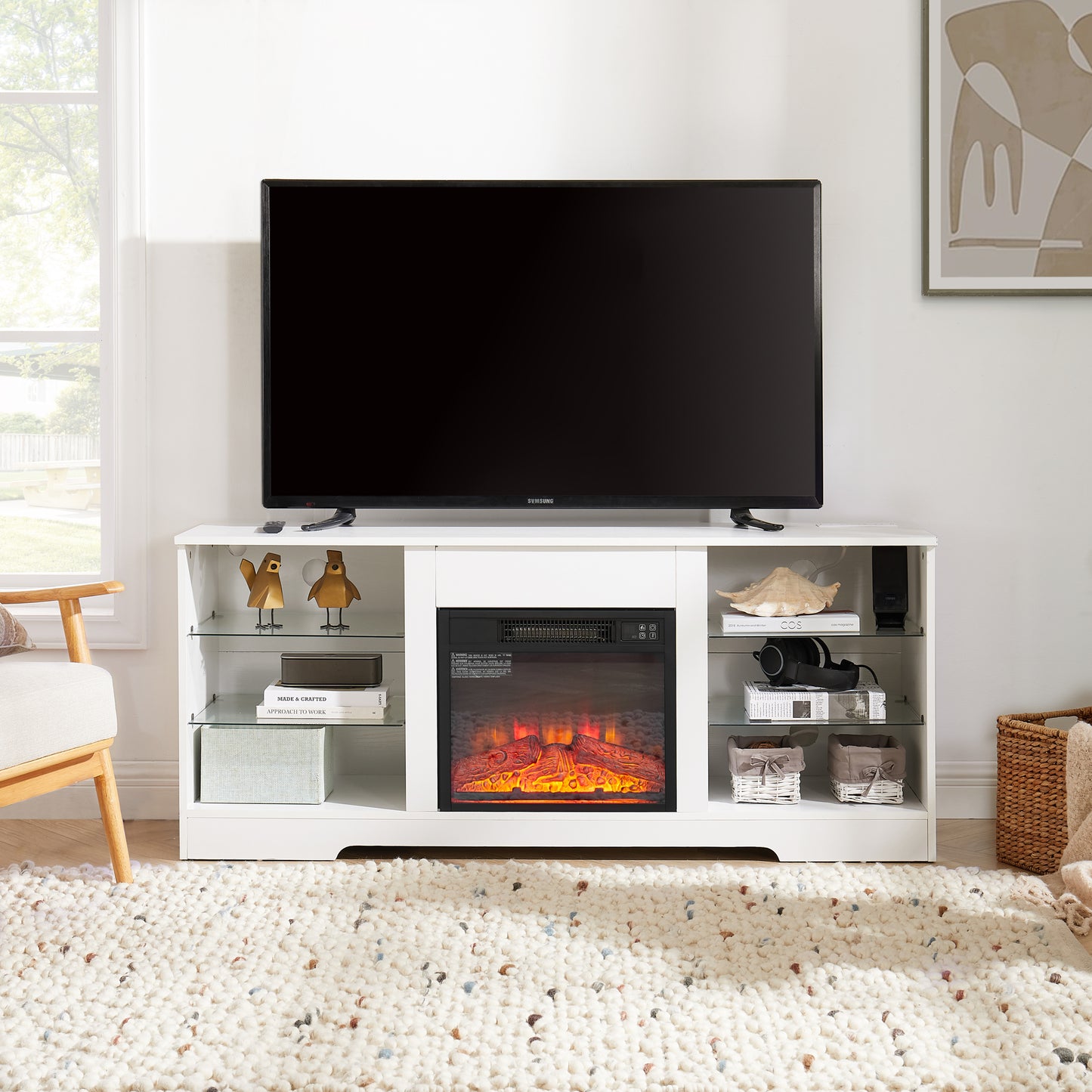 TV Stand Electric Fireplace TV Stand with Glass Shelves, 3D Fireplace TV Stand with LED Lights Wood with USB Charging Outlet Modern Television Table Center for TV up to 32-62" White 58''W*15.5''D*24.4