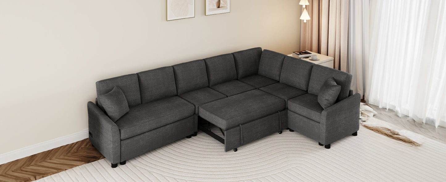 124.8"L-shaped Sofa Convertible Sofa Bed Pull Out Sofa Sleeper with Two Back Pillows, Two USB Ports and Two Power Sockets for Living Room, Gray (Old SKU:SG000890AAE)
