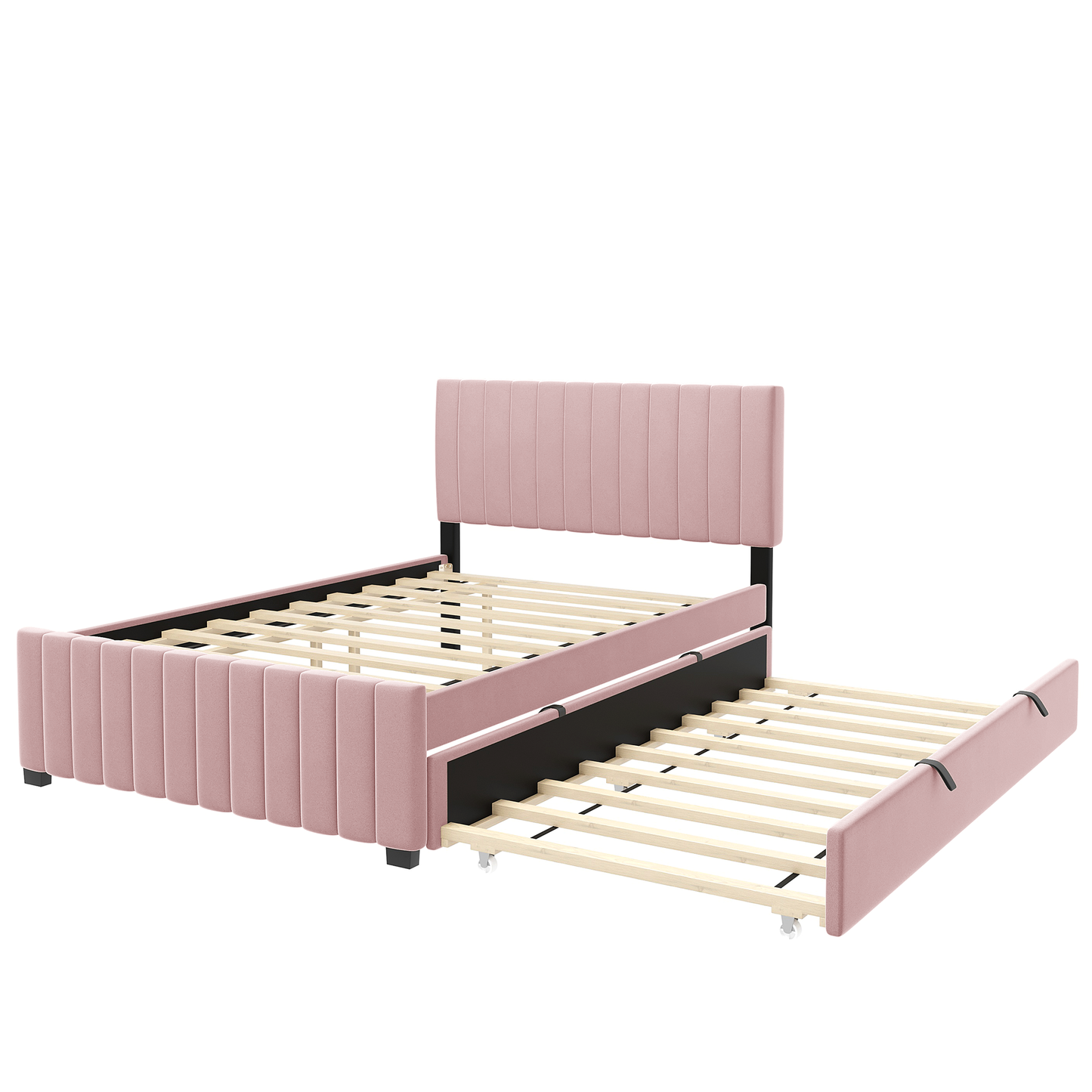 Full Size Velvet Upholstered Platform Bed with Twin Size Trundle, Pink