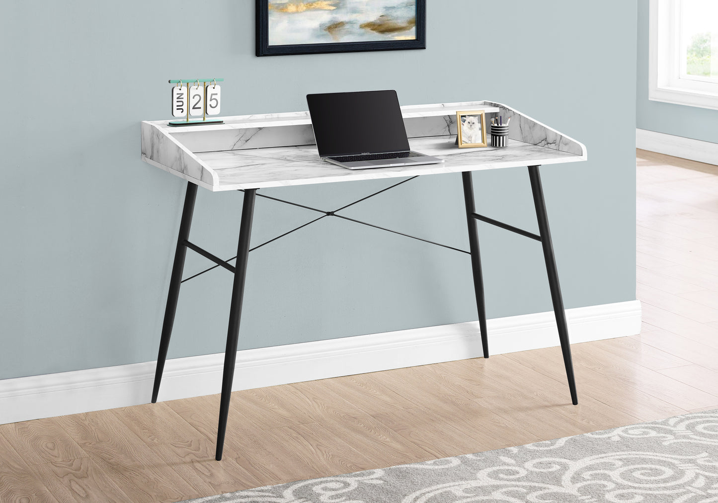Computer Desk, Home Office, Laptop, Storage Shelves, 48"l, Work, White Marble Look Laminate, Black Metal, Contemporary, Modern