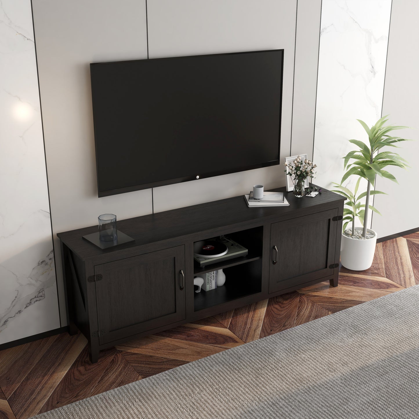 TV Stand Storage Media Console Entertainment Center,Tradition Black,with doors