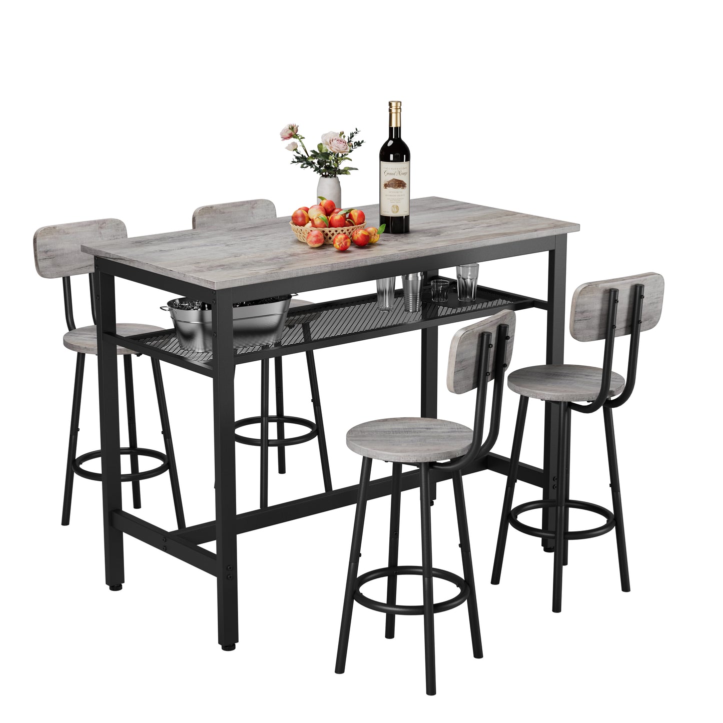 Bar Table and Chairs Set for 4, 5 Piece Counter Height High Breakfast Table Chairs Set of 4 for Dining Room, Kitchen, Bar, Apartment,Gray