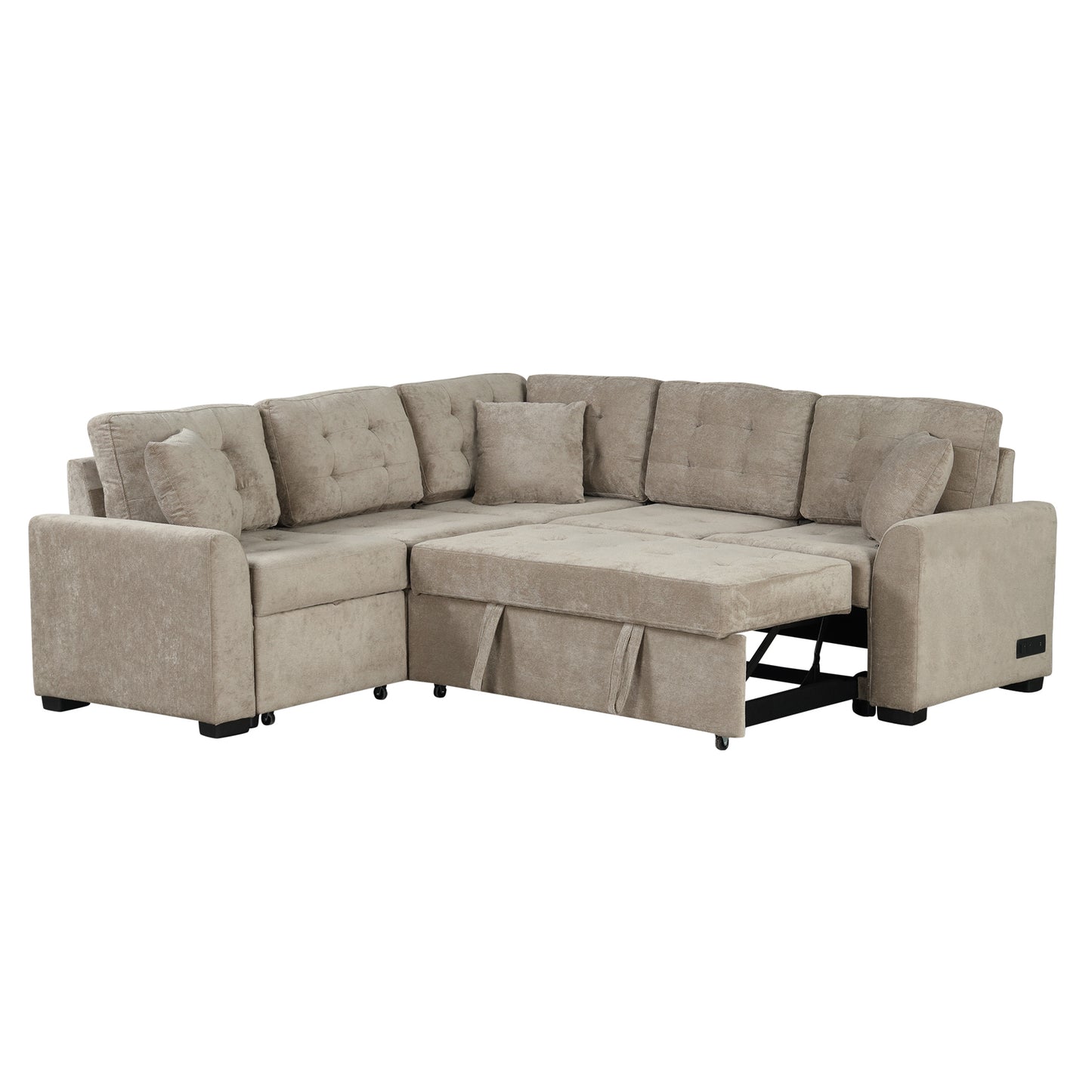82.6" L-shape Sofa Bed Pull-out Sleeper Sofa with Wheels, USB Ports, Power Sockets for Living Room (SG001230AA), Khaki