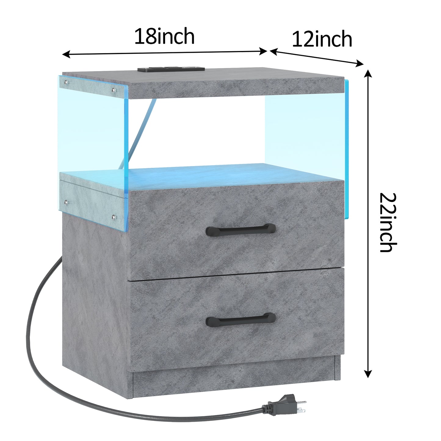 Nightstand with LED Lights, Adjustable Light Colors, Bedside Table, Side Table with 2 Drawers,Grey