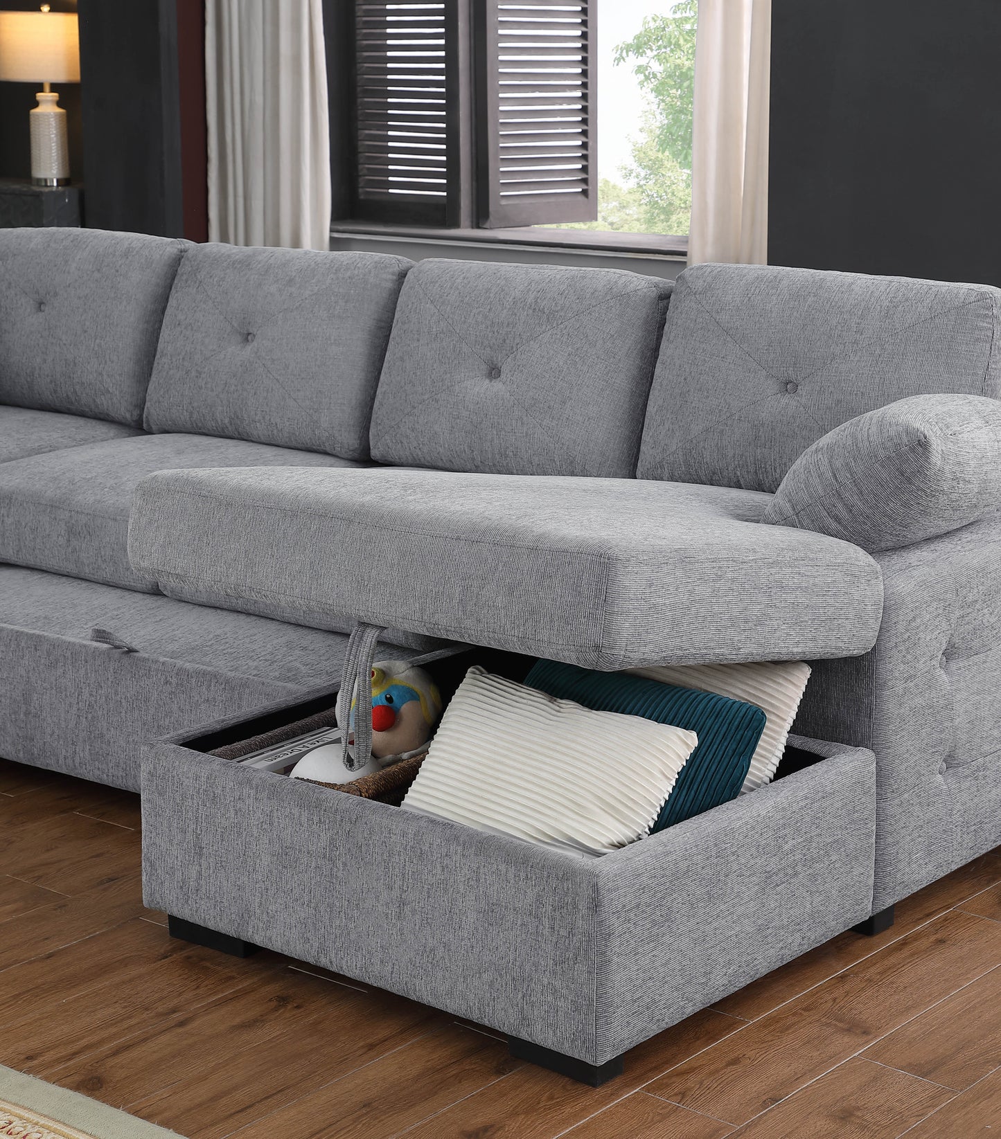 Nyhan Upholstered Corner Sectional with Pull out Loveseat and storaged Chaise