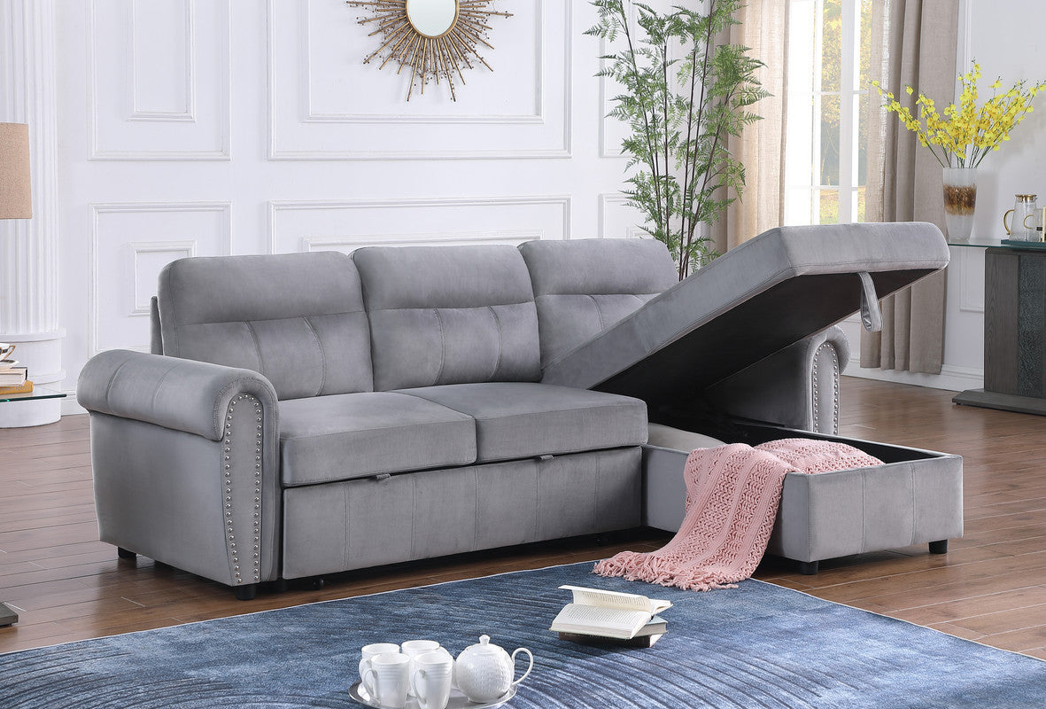 Ashton 96.5" Gray Velvet Fabric Reversible Sleeper Sectional Sofa Chaise
