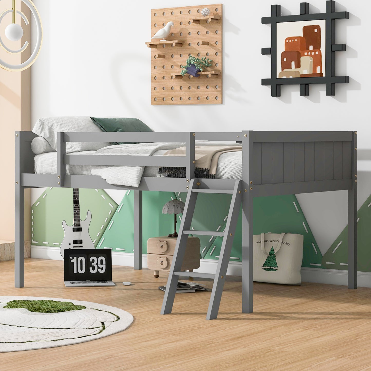 Full Size Wood Low Loft Bed with Ladder, ladder can be placed on the left or right, Gray (Old SKU:GX000366AAE)