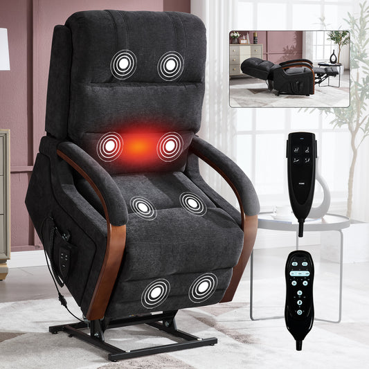 Power Black Chenille Lift Recliner Chair Dual Motor Infinite Position Up to 350 LBS with Solid Wood Armrests, Heat Massage and Heavy Duty Motion Mechanism