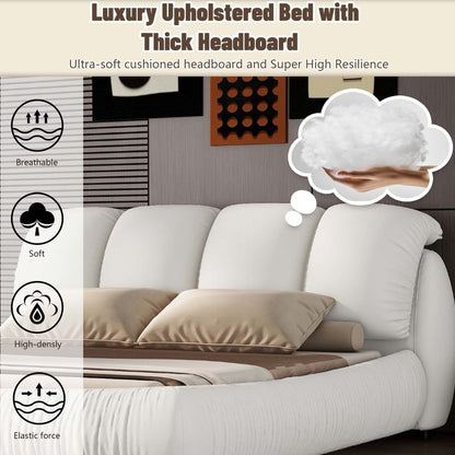 Queen Size Luxury Upholstered Bed With Thick Headboard, Leather Queen Bed with Oversized Padded Backrest, White(Expect Arrival Date 2024/3/27)