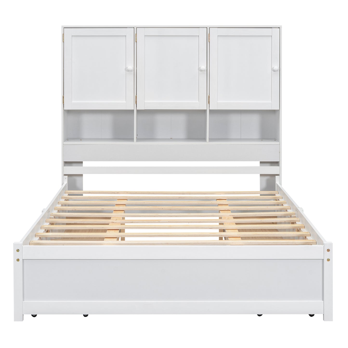 Queen Size Platform Bed with Storage Headboard and 4 Drawers, White