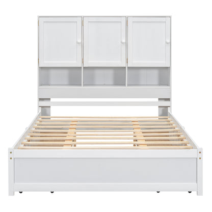 Queen Size Platform Bed with Storage Headboard and 4 Drawers, White