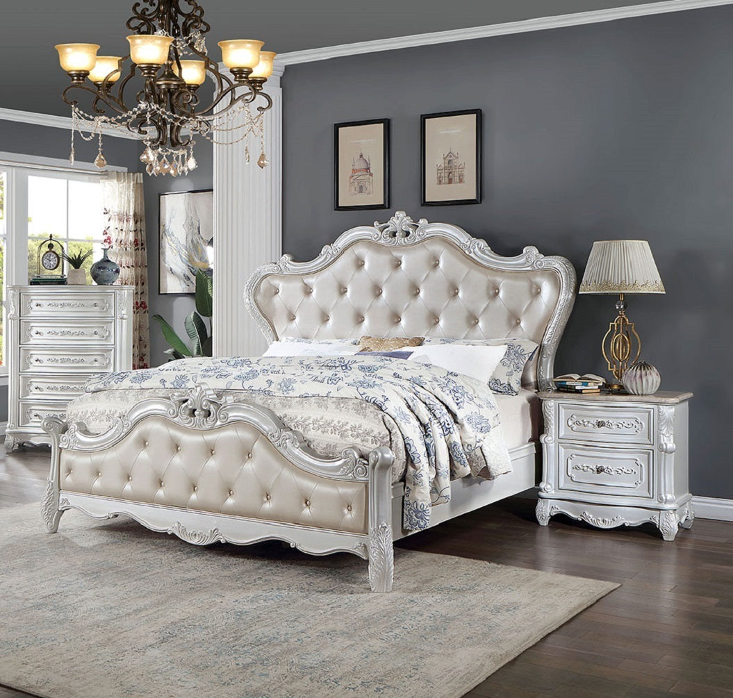 Pearl White Traditional 1pc Nightstand Only Solid wood 2-Drawers Round Knobs Bedside Table Genuine Marble Top on Night Stand Bedroom Furniture