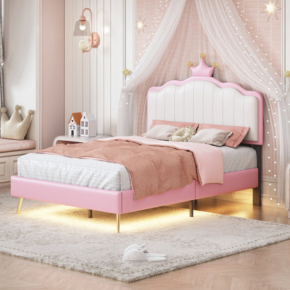 Twin size Upholstered Princess Bed With Crown Headboard,Twin Size Platform Bed with Headboard and Footboard with Light Strips,Golden Metal Legs, White+Pink