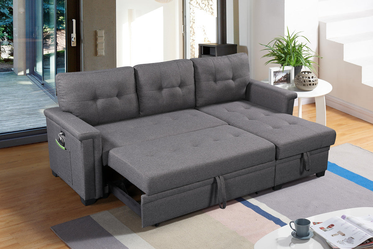 Ashlyn 84" Dark Gray Reversible Sleeper Sectional Sofa with Storage Chaise, USB Charging Ports and Pocket