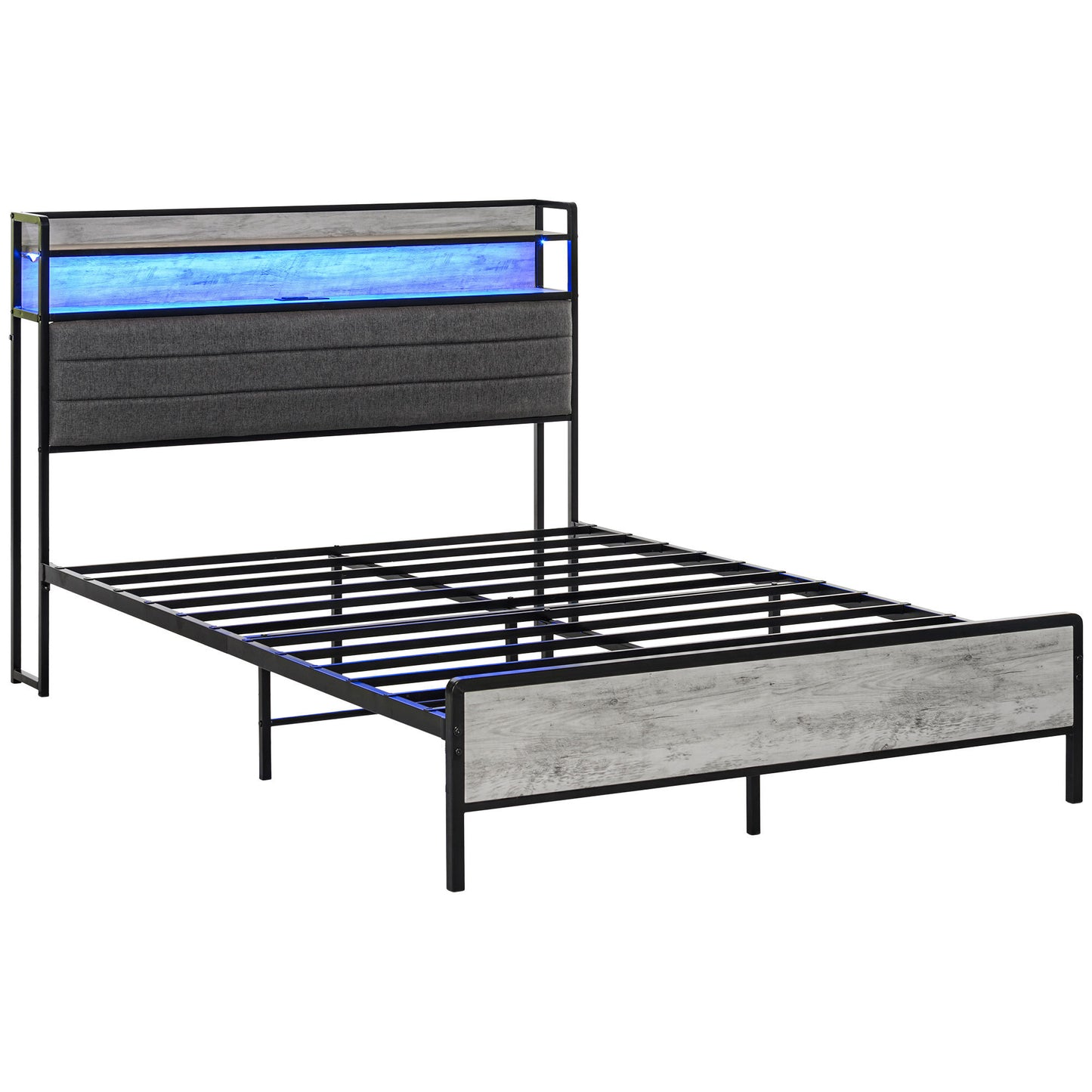 HOMCOM Full Size Bed Frame with Storage Headboard, Upholstered Platform Bed Frame with LED Lights, Charging Station, Steel Slats, Noise-Free & Easy Assembly, No Box Spring Needed, Cement Gray