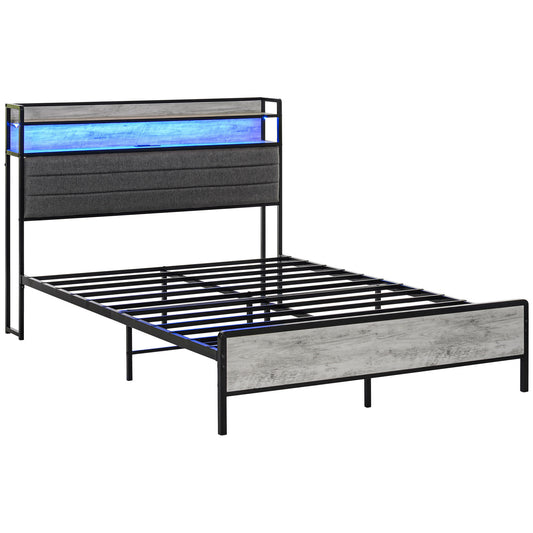 HOMCOM Full Size Bed Frame with Storage Headboard, Upholstered Platform Bed Frame with LED Lights, Charging Station, Steel Slats, Noise-Free & Easy Assembly, No Box Spring Needed, Cement Gray
