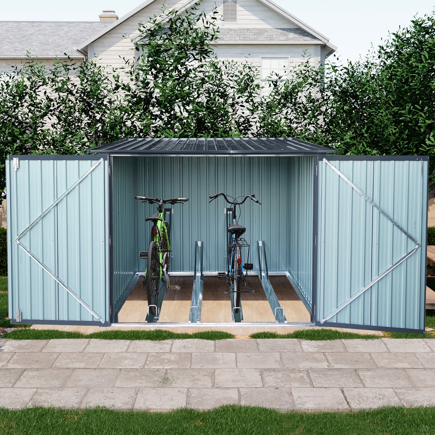 Outdoor Steel Storage Shed For Bicycle with Slope Roof and 4 Bike Tracks, black