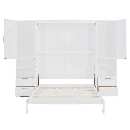 Queen Size Murphy Bed Wall Bed with Closet ,Drawers and Shelves,White