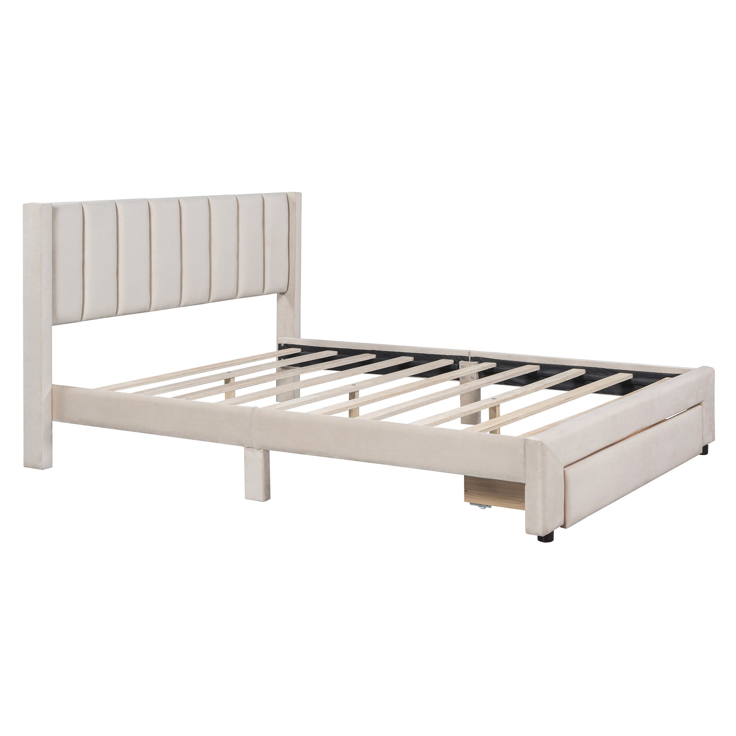 Queen Size Storage Bed Velvet Upholstered Platform Bed with a Big Drawer - Beige(old sku:WF296854AAA)