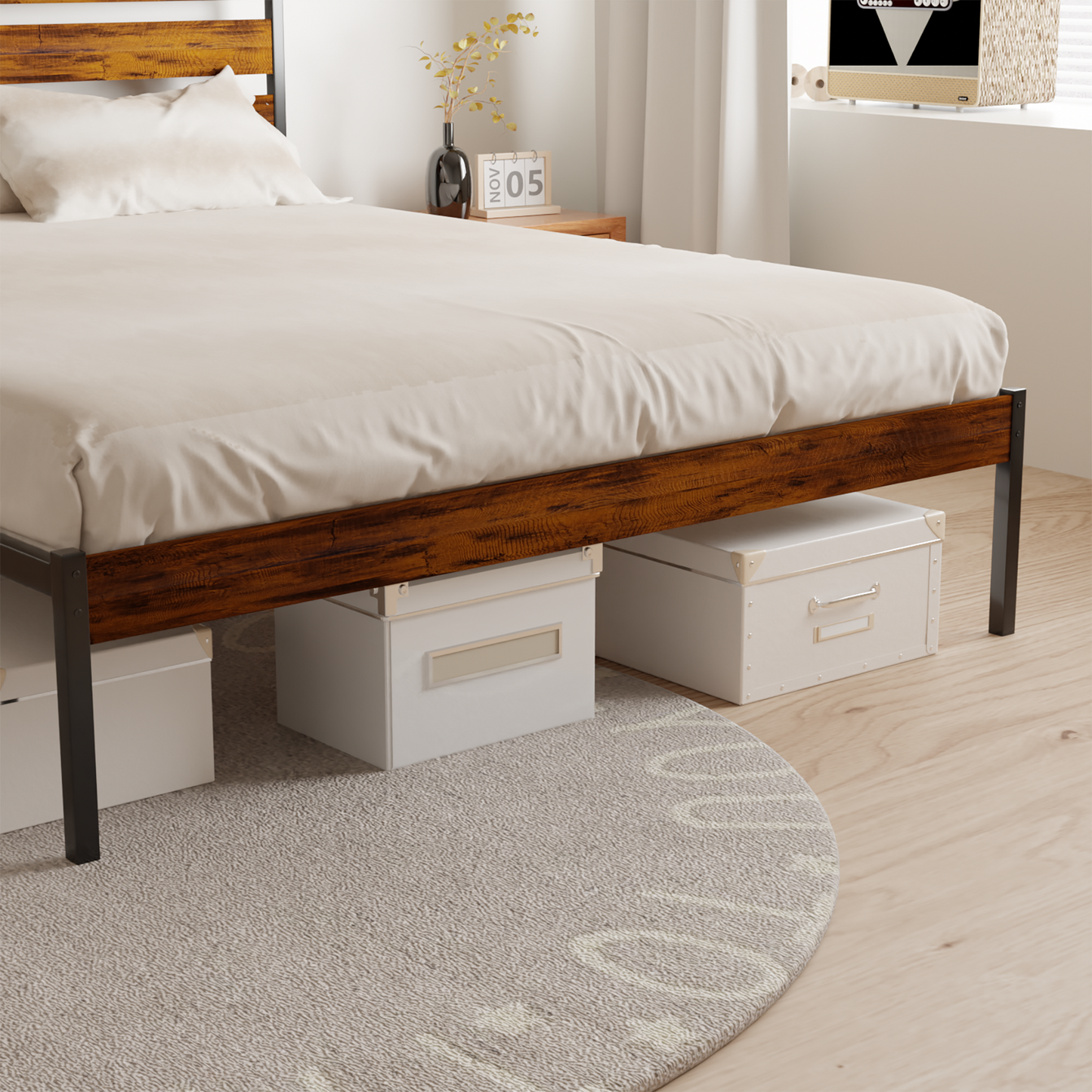 Iron Platform Bed Frame with Rustic Wood Headboard & Footboard (Queen Size) - Brown