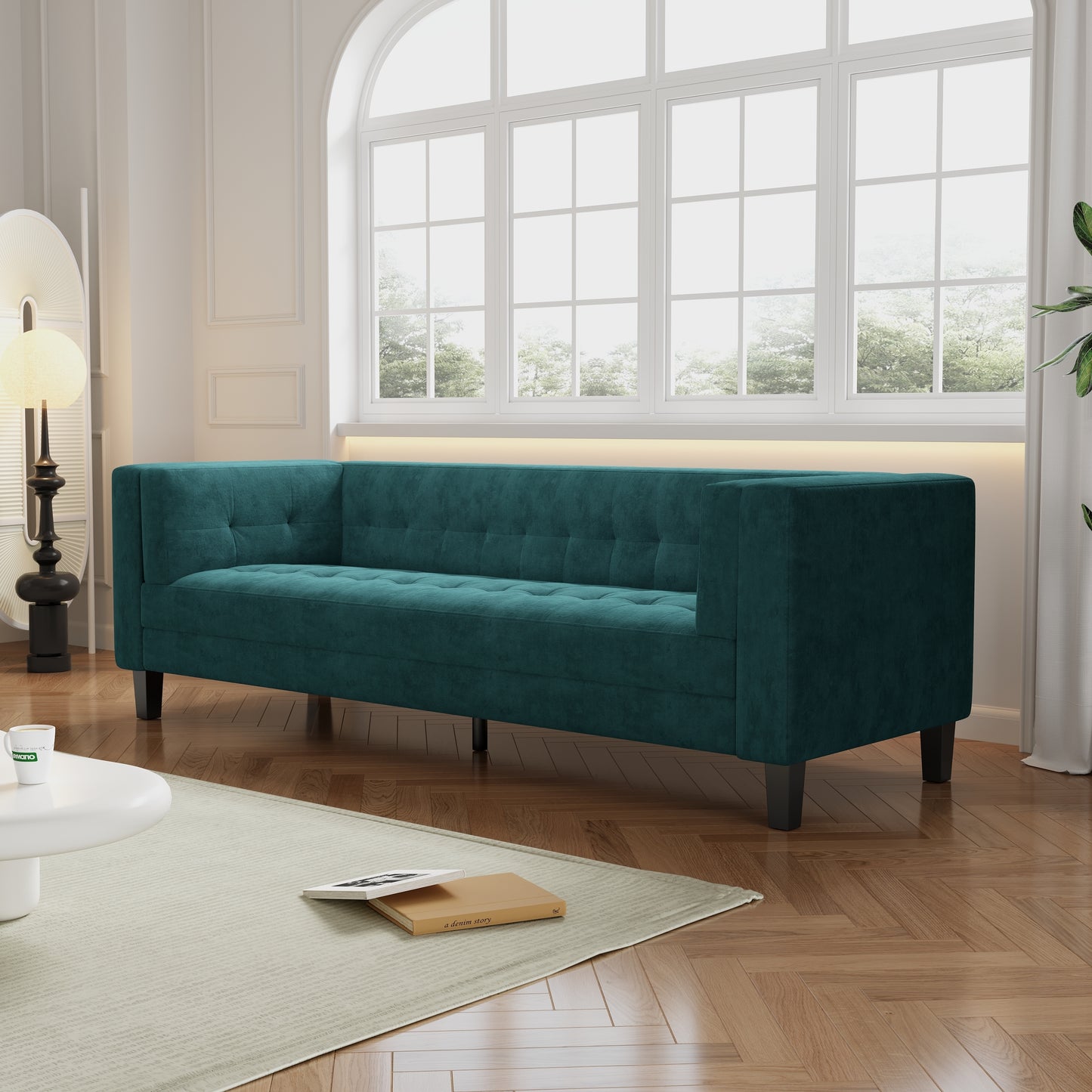 3-Seater Sofa, Upholstered Tufted Coach, Velvet Sofa, Green