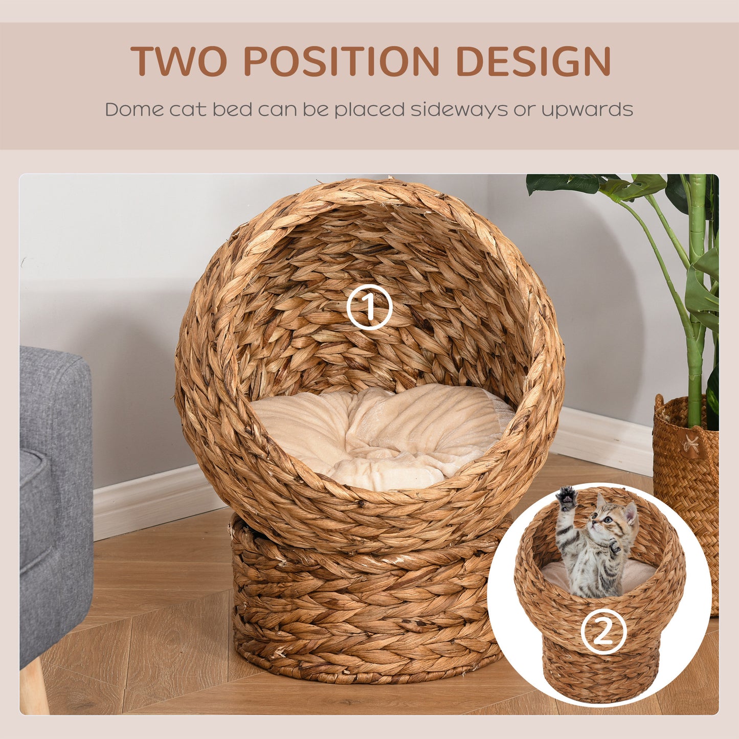 PawHut Handwoven Elevated Cat Bed with Soft Cushion & Cat Egg Chair Shape, Cat Basket Bed Kitty House with Stand, Raised Wicker Cat Bed for Indoor Cats, 23.5" H, Brown