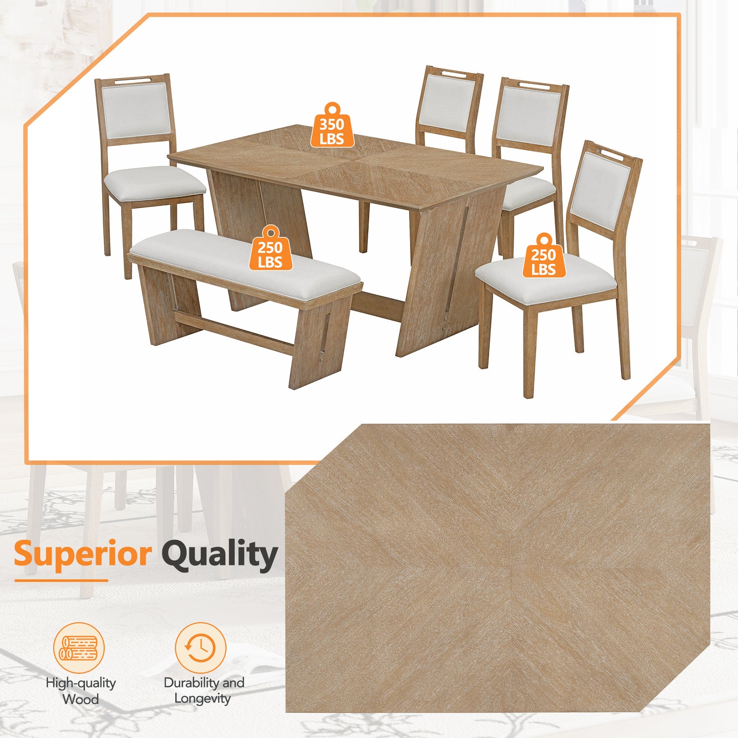 TREXM 6-Piece Retro Dining Set, 1 Rectangular Table with Stable Trapezoidal Table Base and 4 Upholstered Chairs and 1 Bench for Dining Room and Kitchen (Natural Wood Wash)