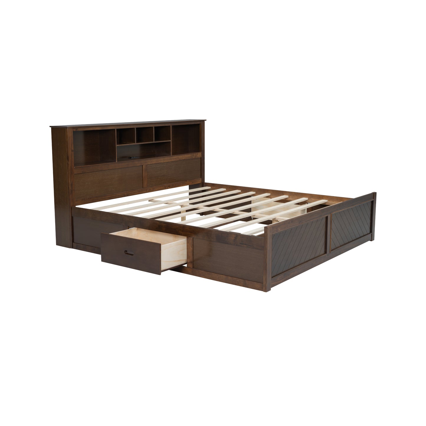 King Size Wood Platform Bed with Multi-storage Headboard, USB and Drawers, Antique Wood Color
