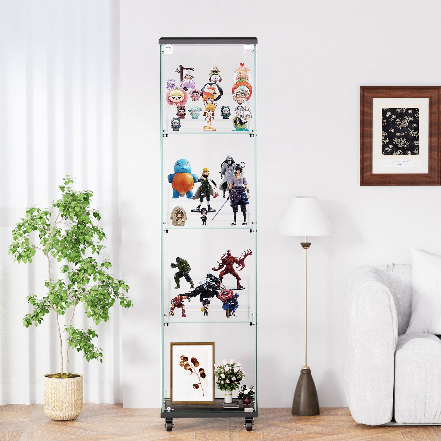 4 Tier Glass Display Cabinet, Single Door Glass Cabinet with Lock and Wheels, Floor Standing Storage Cabinet with 3 Acrylic Shelves for Living Room, Bedroom and Office, Black, 15.8"L x 14.2"W x 65.1"H