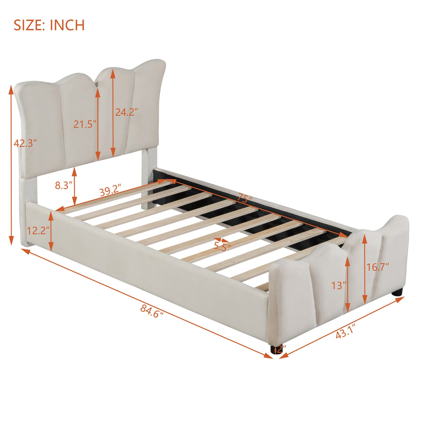 Twin Size Upholstered Platform Bed Velvet Upholstered Bed, Beige