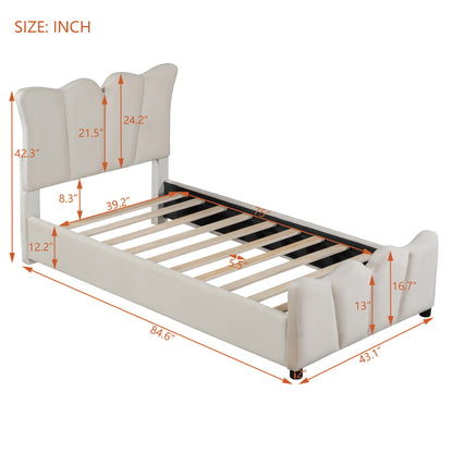 Twin Size Upholstered Platform Bed Velvet Upholstered Bed, Beige