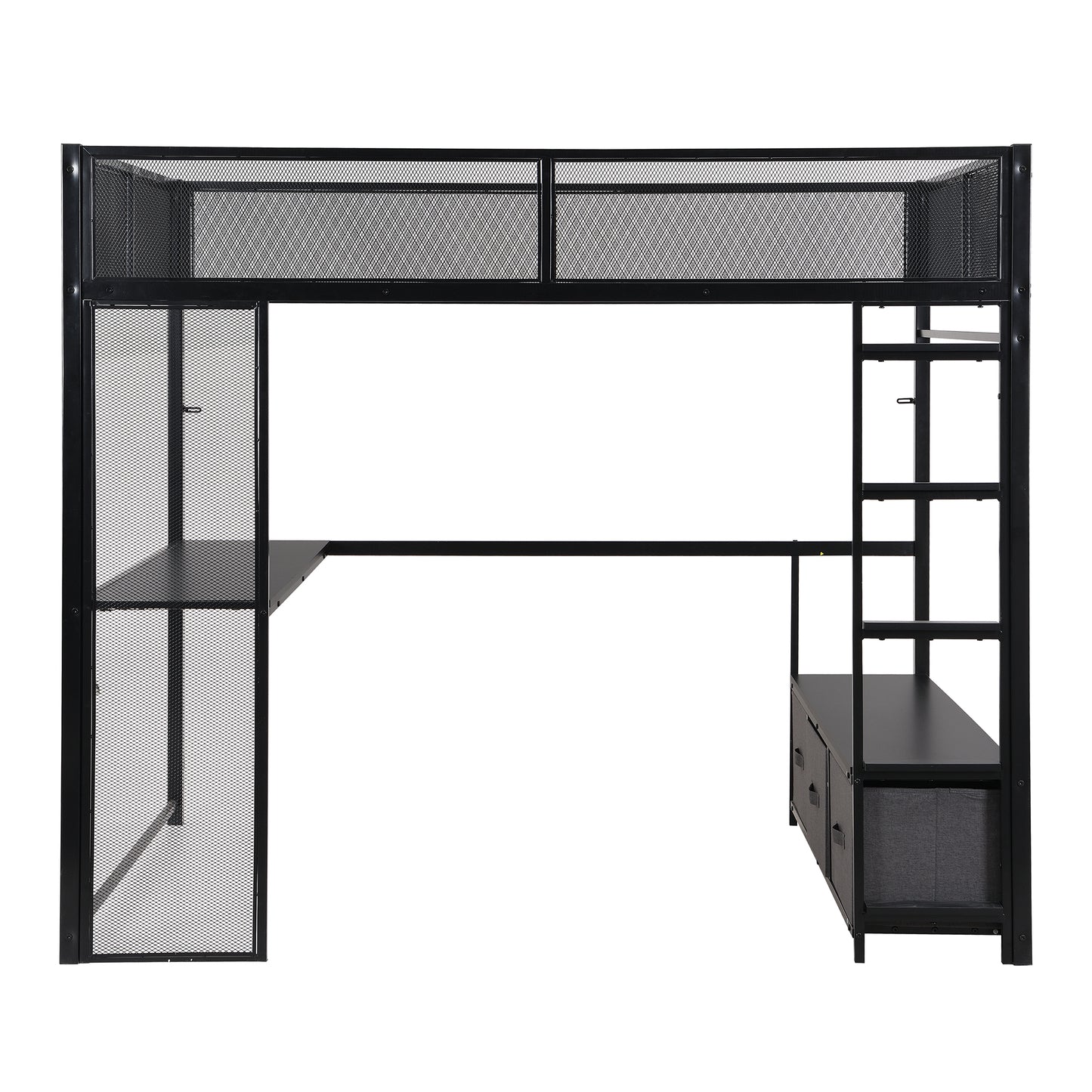 Full Size Metal Gaming Loft Bed with LED Desk, Open Wardrobe, 3 Linen Storage Drawers, Black MDF+Metal