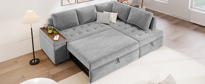 Mirod 91.5-Inch L Shaped Couch with Pull Out Bed and Storage Sectional Sleeper Sofa with Hidden Storage , Wide Armrest with storage,for Living Room, Apartment, Bedroom, Office