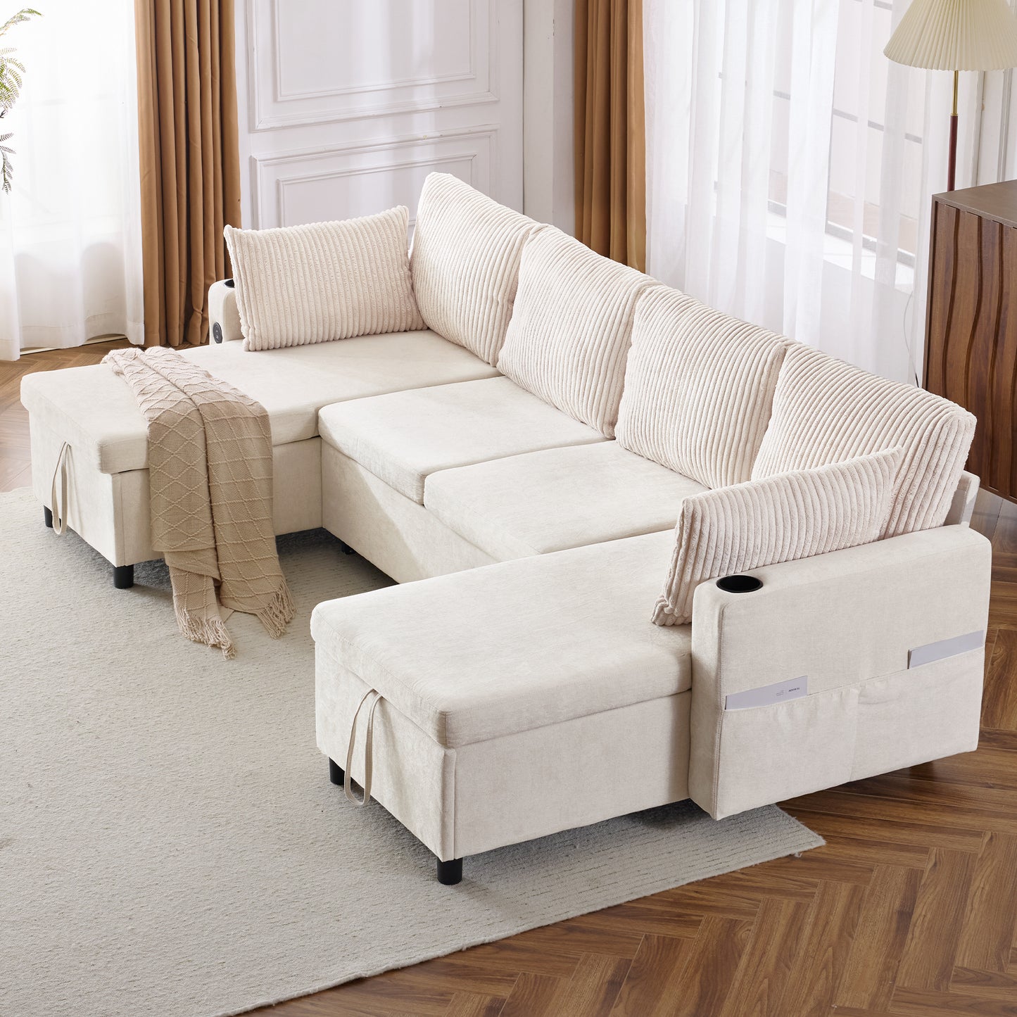 111.8" Sectional Sofa Pull-out Sofa Bed Versatile Sofa Sleeper with Large Storage Space, Two USB Ports and Two Cup Holders for Living Room, Beige